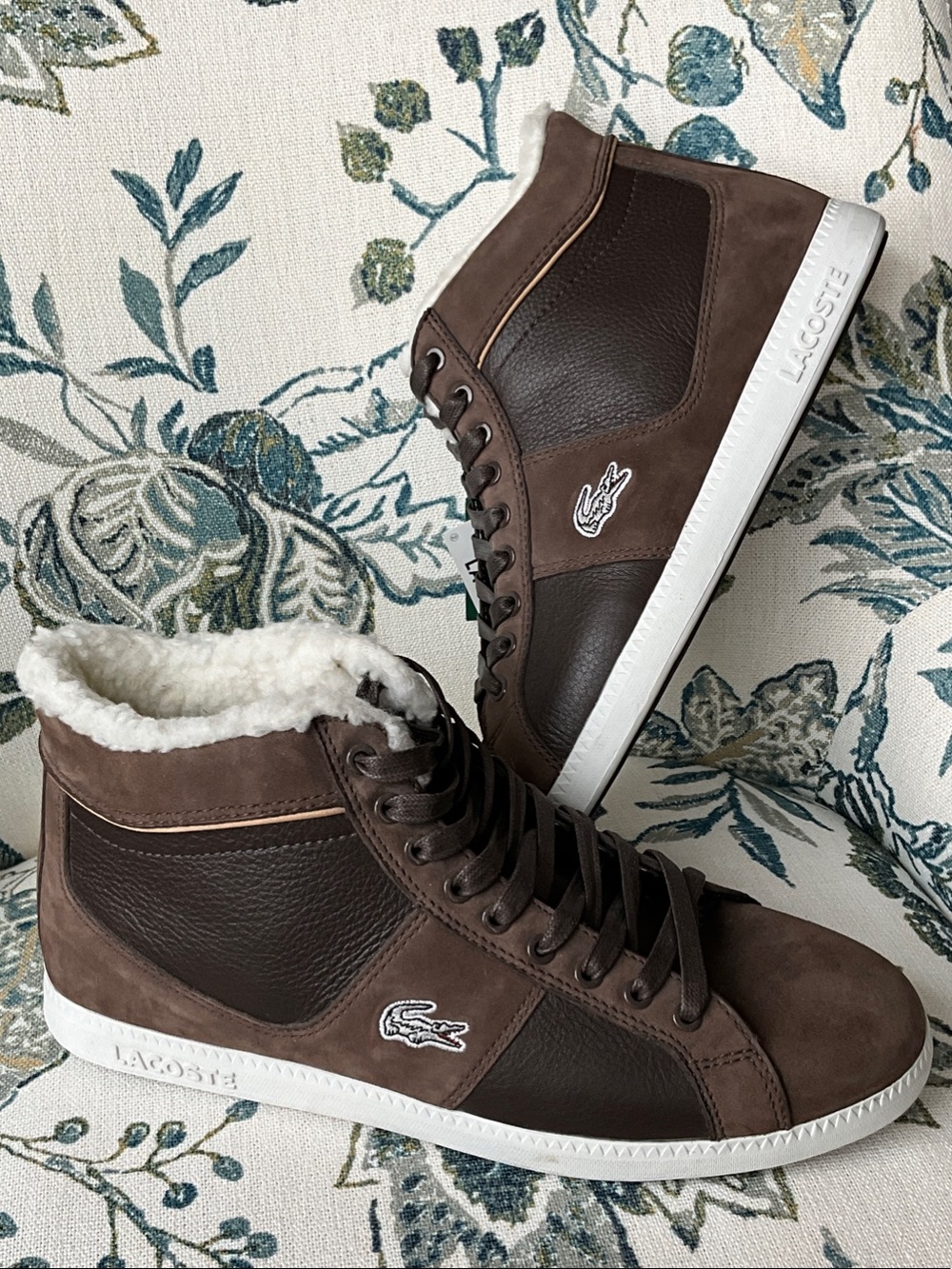 Lacoste Brown Leather & Suede Mid-Top Sneakers with Shearling Collar Size 9